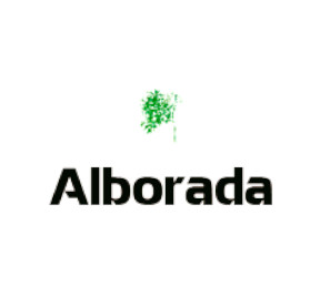 Logotido da ACLAD Alborada: pola con moitas follas verdes pequenas sobre a palabra Alborada