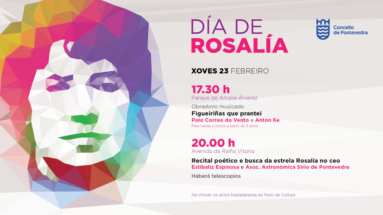 Rostro de Rosalía hecho con triángulos coloreados, y a la derecha el horario de las actividades